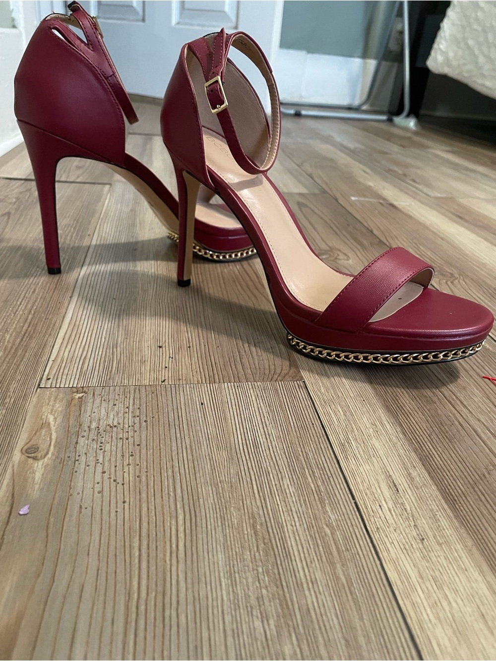 BCBGeneration Wine Red High Heel Ankle-Strap Sandals with Chain Trim